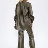PU Leather Oversized Shirt Jacket - Olive