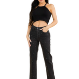 Studded Wide Leg Denim Pants - Black
