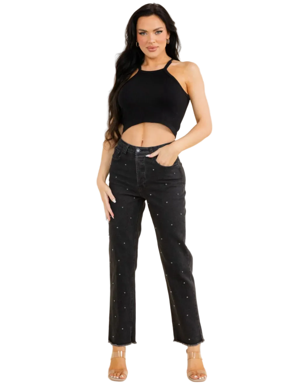 Studded Wide Leg Denim Pants - Black