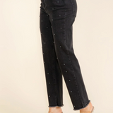 Studded Wide Leg Denim Pants - Black