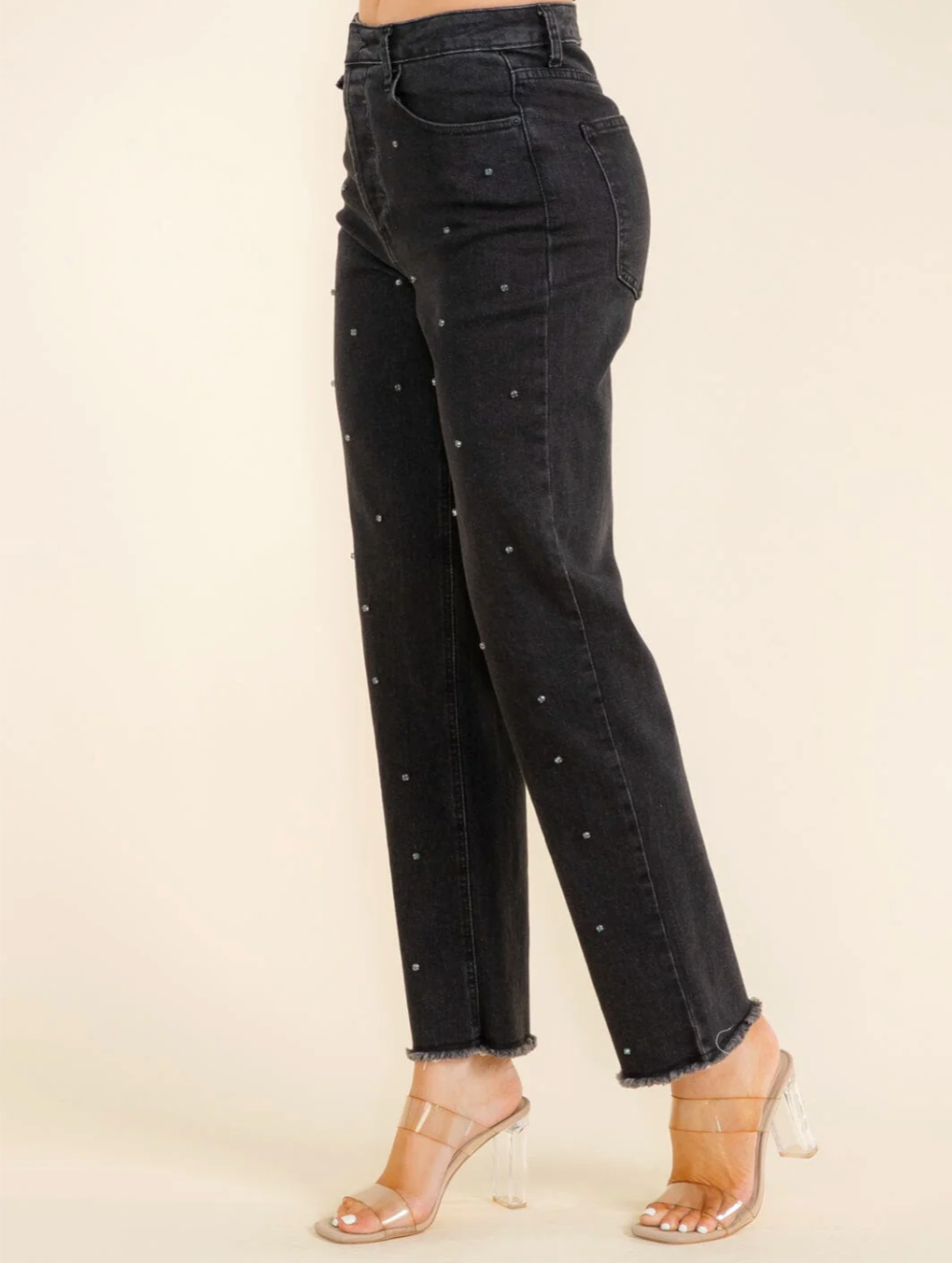 Studded Wide Leg Denim Pants - Black