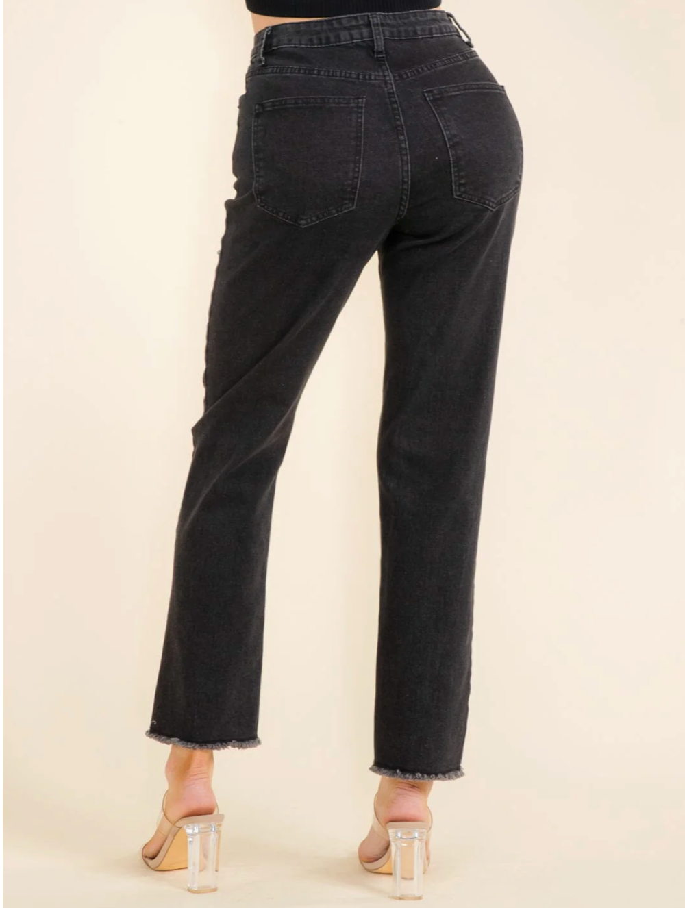 Studded Wide Leg Denim Pants - Black