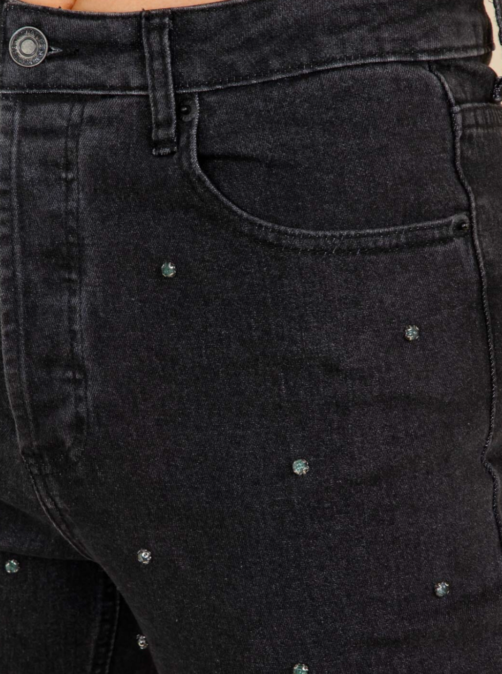 Studded Wide Leg Denim Pants - Black