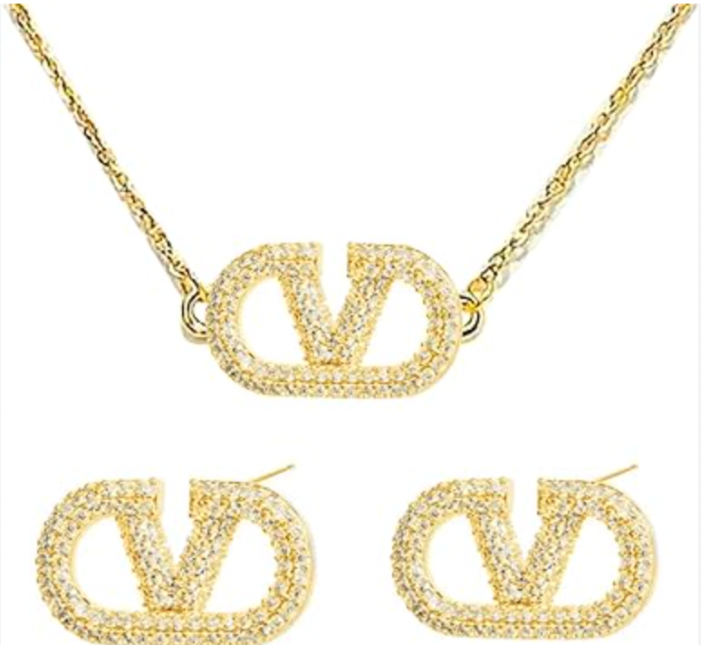 Embellished V Necklace and Earring Set - 18k Gold Plated