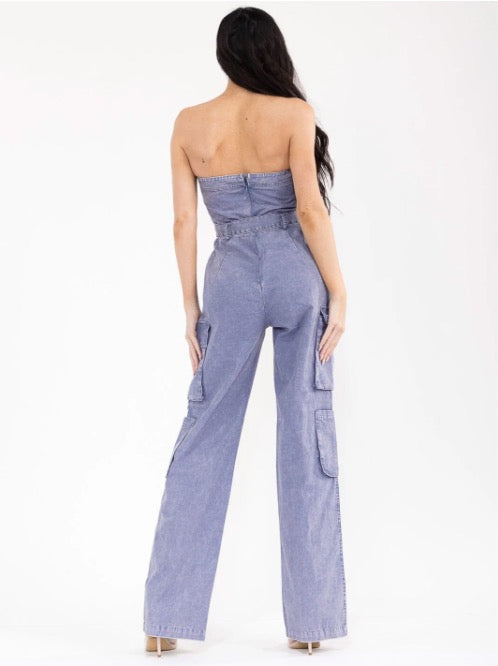 Strapless Cargo Denim Jumpsuit
