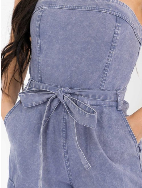 Strapless Cargo Denim Jumpsuit