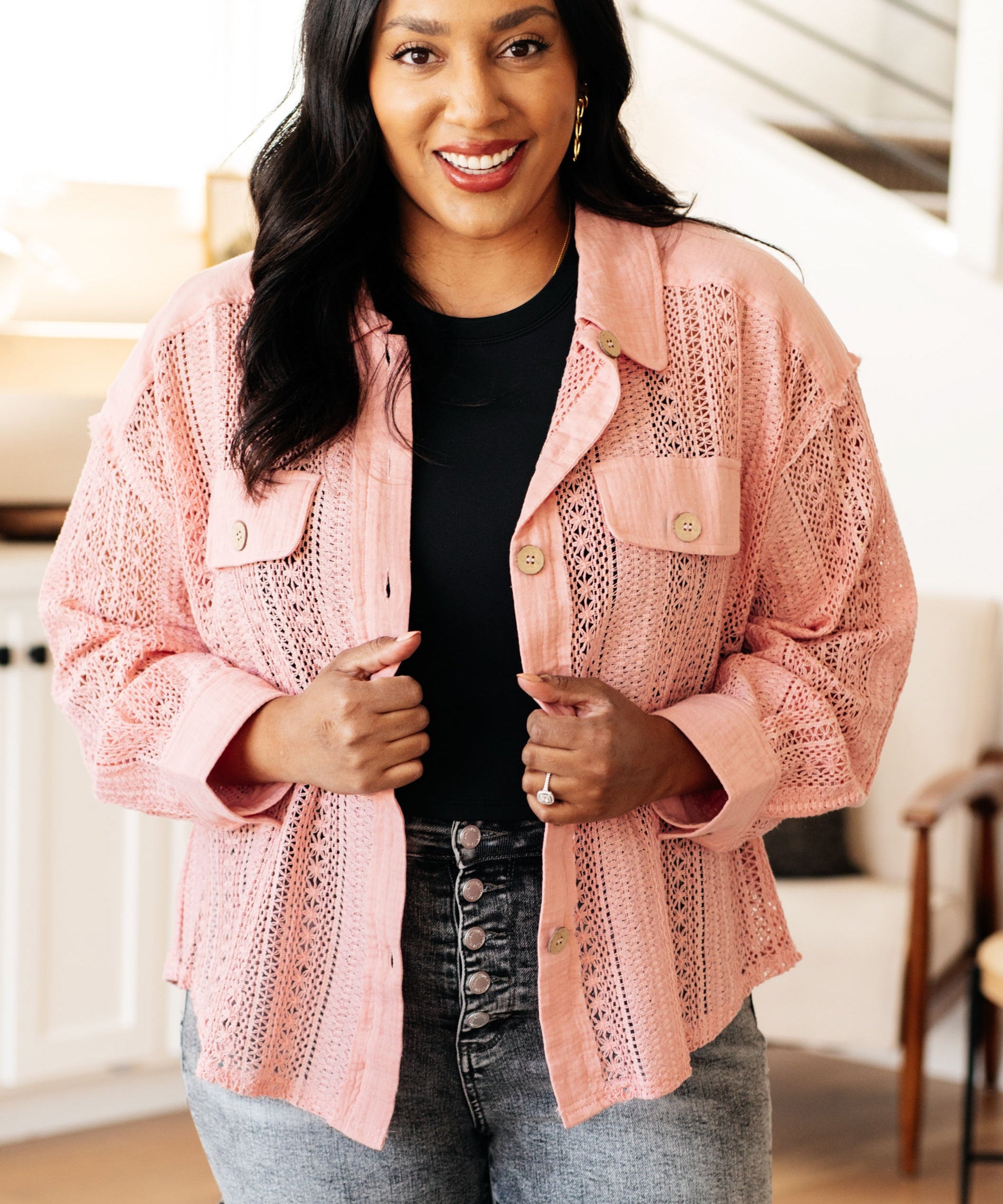Sweeter Than Nectar Lace Button Down in Rose