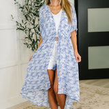 Tropical Print Gauze Kimono with Elastic Waist Tie in Periwinkle