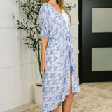 Tropical Print Gauze Kimono with Elastic Waist Tie in Periwinkle