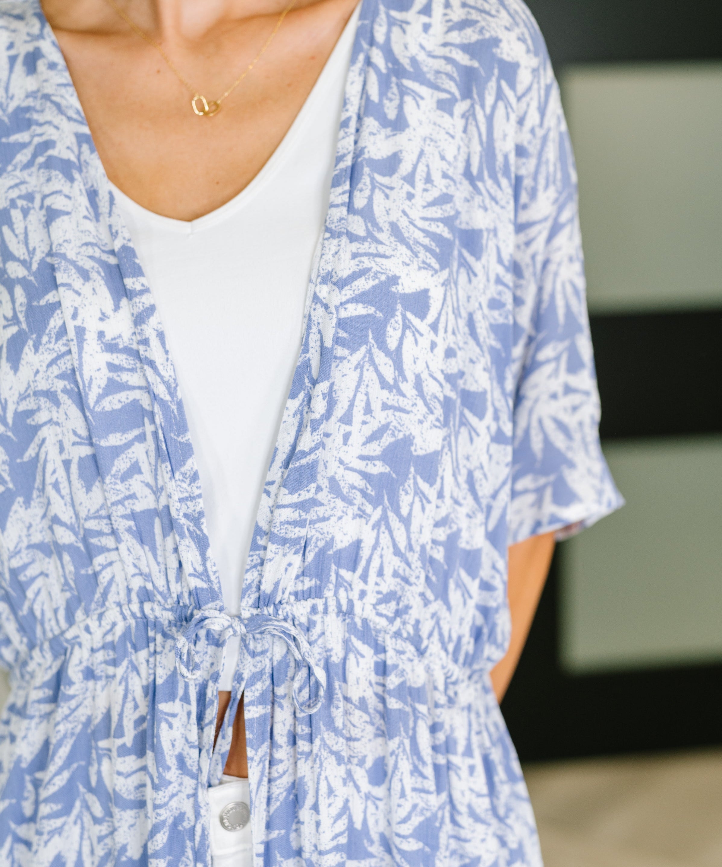 Tropical Print Gauze Kimono with Elastic Waist Tie in Periwinkle