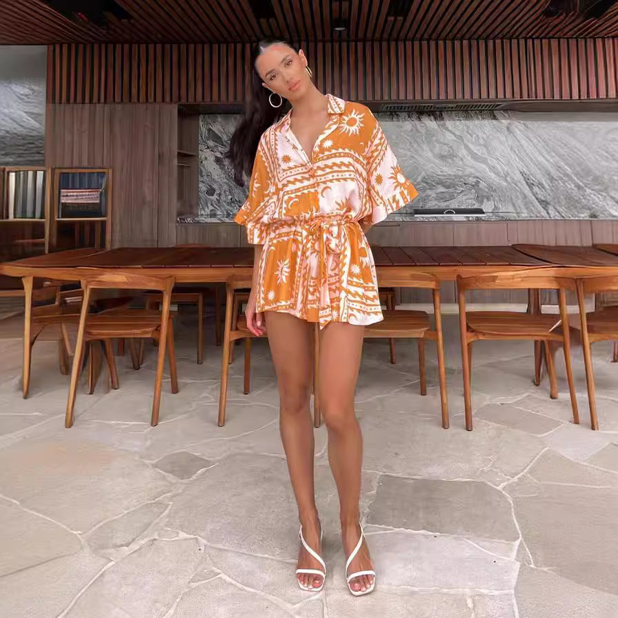 Geometric Print Lace-Up Romper - Waist-Cinching Jumpsuit Coverup