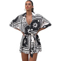 Geometric Print Lace-Up Romper - Waist-Cinching Jumpsuit Coverup