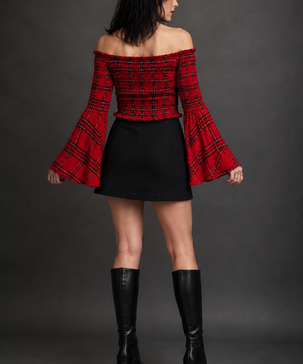 Hexed in Plaid Bell-Sleeve Top